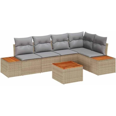 Image of vidaXL 6 Piece Garden Sofa Set with Cushions Beige Poly Rattan Acacia