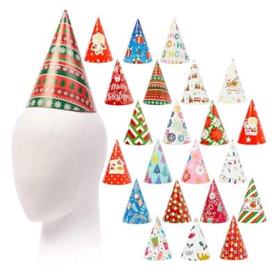 Image of THE TWIDDLERS 48 Christmas Cracker Party Hats in Assorted Festive Designs, for Kids &amp; Adults Hats, Photo Props Xmas Parties Costume Accessories 20cm x 15cm