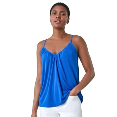 Image of Roman Originals Gathered V Neck Stretch Vest Top for Women UK Ladies Everyday Holiday Spring Summer Neckline Comfy Soft Evening Vacation Work Party Royal Blue Size 12