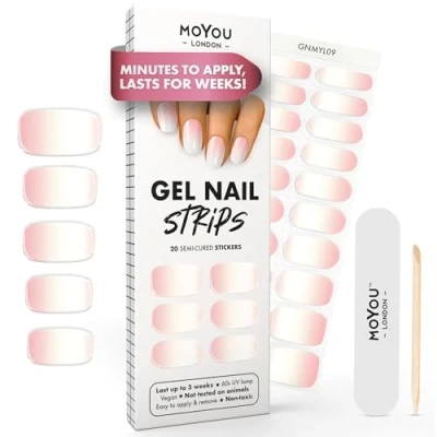 Image of MOYOU LONDON Semi Cured Gel Nail Strips 20 Pcs. Wraps for Salon Quality Manicure Works with Any UV Lamp Easy to Apply, Trim, &amp; Remove Stickers