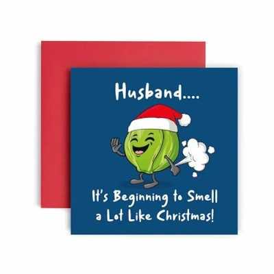 Image of Huxters Christmas Cards for Men Smells Like Sprout Husband Card him Funny Anniversary Fun Happy 14.8cm (Husband)