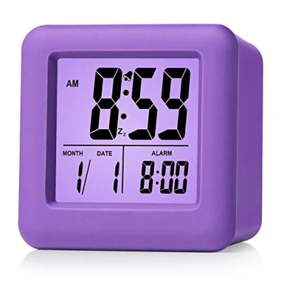 Image of Plumeet Digital Alarm Clock Kids with Snooze and Nightlight Easy Setting Silicone Display Time, Date Loud for Bedroom Battery Powered (Purple)