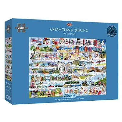 Image of Cream Teas &amp; Queuing 2000 Piece Jigsaw British Nostalgia Val Goldfinch Sustainable Puzzle for Adults Premium 100% Recycled Board Great Gift Gibsons Games