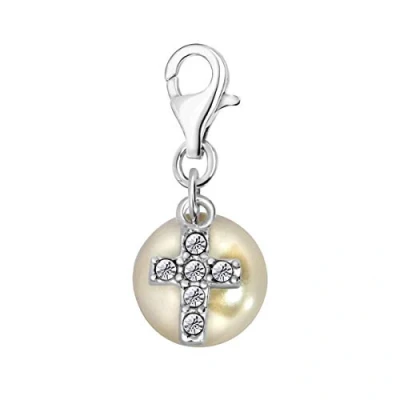 Image of Quiges 925 Sterling Silver White Cubic Zirconia and Imitation Pearl Cross Lobster Clasp Charm Clip on Pendant