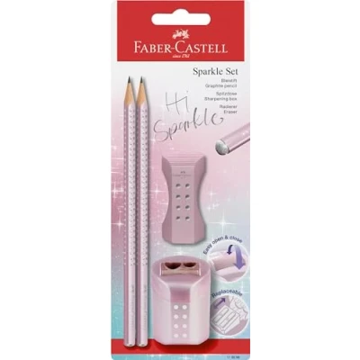 Image of Faber Castell Sparkle 118298 Pencil Set with Sharpener, Eraser and 2 Pencils, Writing Rose Metallic