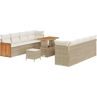 Image of vidaXL 11 Piece Garden Sofa Set with Cushions Beige Poly Rattan Acacia