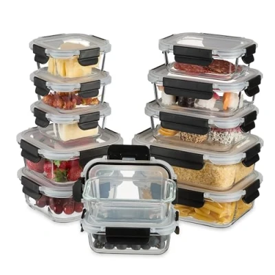 Image of Relaxdays Glass Containers, Set of 12, 5 Sizes, Food Storage Boxes, Meal Prep, Plastic Lids, Clear/Black