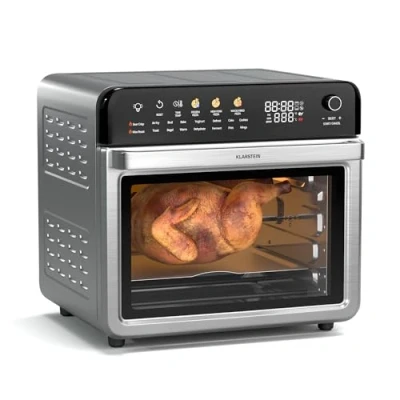 Image of Klarstein AirGlaze Colour Digital Air Fryer 34L Large Oven, 2200W, 19 Programs, Rotisserie, 40 350C, Touch Display, Stainless Steel, Double Glazed Door, Pizza Stone &amp; Grill Racks, Black