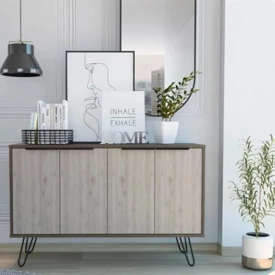Image of Home Source Large Sideboard Cupboard, Two Tone Oak Effect Wide Living Room Storage, 4 Door, Engineered Wood