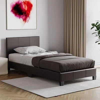 Image of Vida Designs Lisbon Single Bed, 3ft Bed Frame Upholstered UKFR Faux Leather Headboard Low Foot End Bedroom Furniture, Black