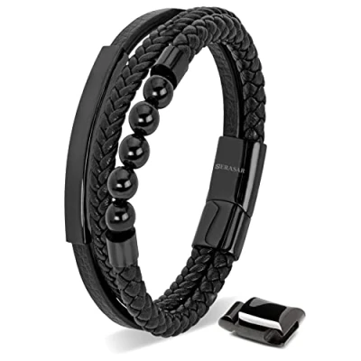 Image of SERASAR Mens Original Leather Bracelet 20cm Black Men Gift Box Genuine Braided Adjust Able Magnetic Clasp Multi Layer Wrap Rope Man Mans Bracelets Jewelry Magnet Accessories