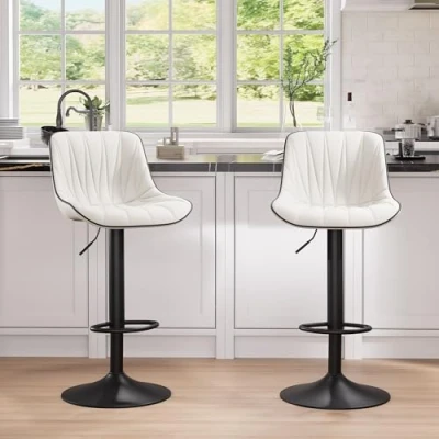 Image of YOUNIKE Bar Stools Set of 2 for Kitchen Island, Swivel Tall Stools, Adjustable Barstools with Back, Faux Leather Padded Modern Counter Height Chairs 300LBS Support, White