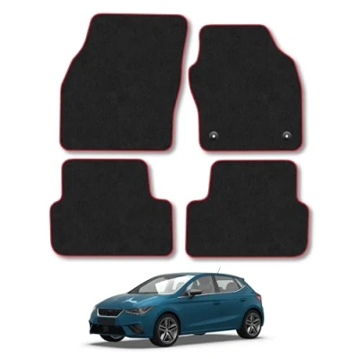 Image of Car Mats Compatible with Seat Ibiza (2017+) Tailored Fit Red Trimmed Carpet Floor Mat Set Accessory Black Custom Fitted 4 Pieces Clips Anti Slip Backing &amp; Trim Edging