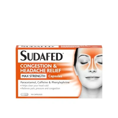 Image of Sudafed Congestion &amp; Headache Relief Max Strength Capsules, Targets Blocked Nose, Pressure, Heavy Head, Relieves and with Maximum formula, pack of 16