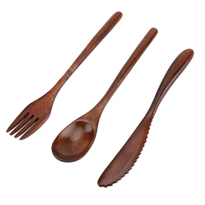 Image of Bamboo Dinnerware Set Japanese Style Reusable Flatware Travel Tableware Camping Cutlery Natural Wooden Fork Spoon with Red Storage Bag(Knife &amp; Only)