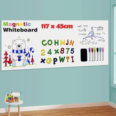 Image of LACQWO Magnetic Whiteboard Paper for Wall 117 x 45CM Adhesive Dry Erase White Board Sticker with 53 Letters 6 Markers Kid Removable Peel and Stick Wallpaper Roll