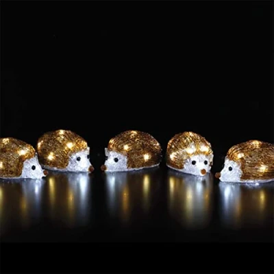 Image of Festive Lights 5 Christmas Acrylic Hedgehog Figures On String 1.2m Lit Length, 40 Clear White LEDs Indoor Outdoor Mains Operated Seasonal Xmas Decorations with 6 Hour Timer