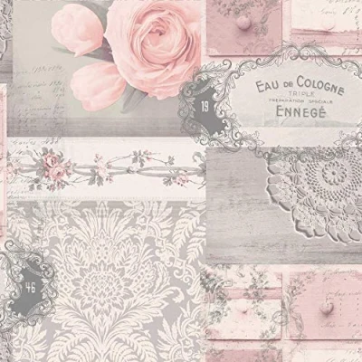 Image of Decoupage Patchwork Floral Wallpaper Flowers Pink Grey Silver Metallic YöL