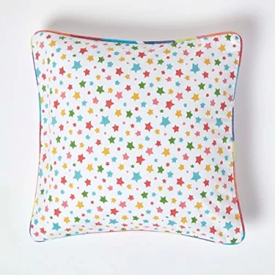 Image of HOMESCAPES 100% Cotton Stars Cushion Cover 45 x cm Square 18 Inches Multi Colour Orange Red Blue Yellow Sofa Pillow Washable