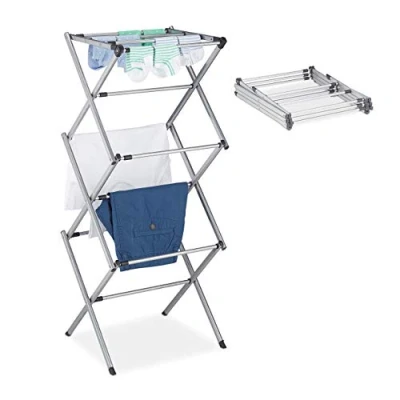 Image of Relaxdays Laundry Stand, Foldable &amp; Extendable Tower, 11 Rails, Space Saving Clothes Drying Rack, Metal, Grey, Plastic, Gray, Pack of 1