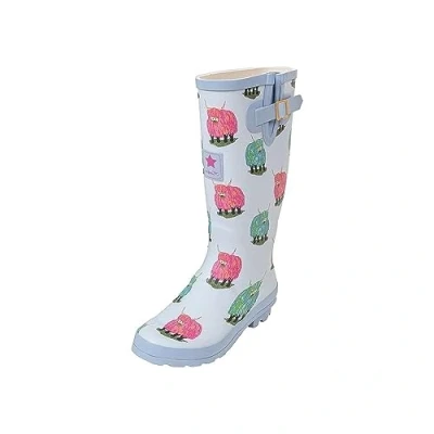 Image of Hawkins Womens Wellies Wellington Boots Waterproof Rain Adjustable Wide Calf Colourful Print Grip Sole (Highland Cow, uk_footwear_size_system, adult, women, numeric, medium, numeric_4)