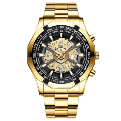 Image of JewelryWe Men&#039;s Skeleton Quartz Watch: Gold Simulated Mechanica Luminous Hands Analog Stainless Steel Waterproof Tachymeter Bezel Date Function Wristwatch