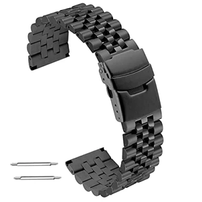 Image of Kai Tian Premium Super 3 Dimensional Effect Stainless Steel Watch Strap Band 24mm Black Round&amp;Sturdy Metal Bracelet with Double Locks Diver Clasp for Men Women