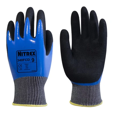 Image of NITREX 340FCD Work and Safety Gloves, Bag of 10 Pairs F Rated Cut Resistant Gloves with Sandy Nitrile Palm Coating in Black/Blue, Size 9