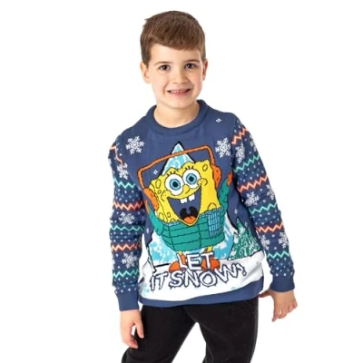 Image of SPONGEBOB SQUAREPANTS Kids Christmas Jumper in Blue Let It Snow Festive Knitted Holiday Sweater for Children Xmas Warm Pullover Knit Sponge Bob Seasonal Merchandise Gift Boys &amp; Girls