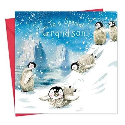 Image of Twizler Merry Christmas Card for Grandson with Penguins Xmas Mens Him Male