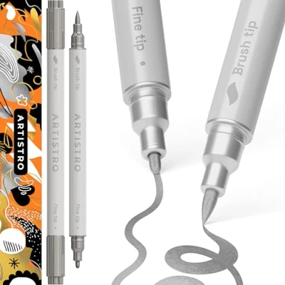 Image of ARTISTRO 2 Silver Acrylic Paint Pens, Markers Dual Tip (Brush + Fine 1 mm), for Fabric, Canvas, Rock, Glass, Wood, Paper, DYI, Kids and Adults