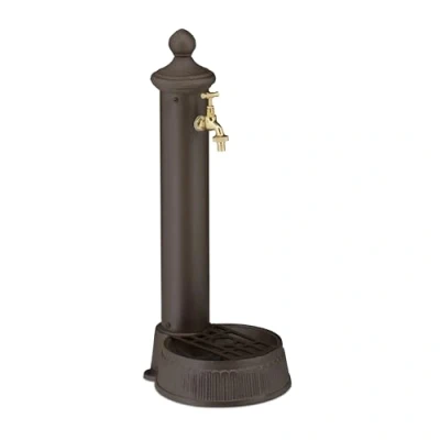 Image of Relaxdays Standing Water Fountain, Antique Look, with Tap &amp; Basin, HWD: 65 x 25 30, Garden, Terrace, Ornamental, Brown, Aluminium, 30 cm