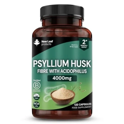 Image of Fibre Supplement 4000mg Psyllium Husk With Probiotic Acidophilus High Strength Natural Soluble Fiber From Plantago Ovata Seeds, 120 Husks capsules Vegan, Made in UK by New Leaf