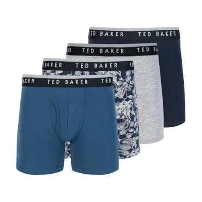 Image of Ted Baker Men&#039;s 4 Pack Cotton Stretch Boxer Briefs, Denim/Leaf Print/Grey Heather/Sky, M