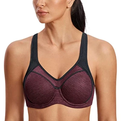 Image of SYROKAN Women&#039;s High Impact Sports Bra Underwire Full Support Racerback Padded Running Dark red Flower ash 38C