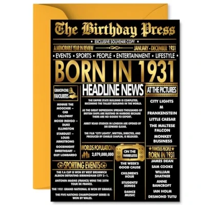 Image of Gold 94th Birthday Card for Men Women Black &amp; Golden Newspaper Born in 1931 Happy 94 Cards Nan Husband Auntie Grandma Grandad Uncle, A5 Bday Greeting