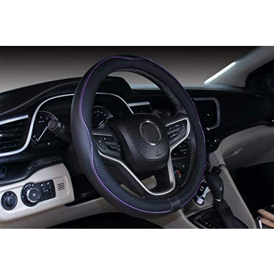 Image of Istn Microfiber Leather Car Steering Wheel Cover Universal 15 inch/38cm Breathable Anti slip Protector for Auto/SUV (Black Purple)