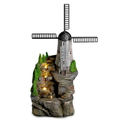 Image of GEEZY Garden Water Feature LED Fountain Indoor Outdoor Cascading Freestanding Polyresin Statue Lights &amp; Decoration (Windmill Fountain)