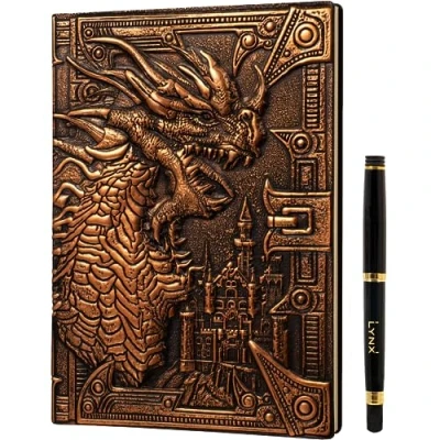 Image of DND Notebook/Journal, Unique 200 Page Book with 3D Bronze Dragon Embossed Faux Leather Cover Pen Ideal for Dungeons &amp; Dragons/D&amp;D. Great RPG Accessories Gift DM&#039;s Players, Men or Women