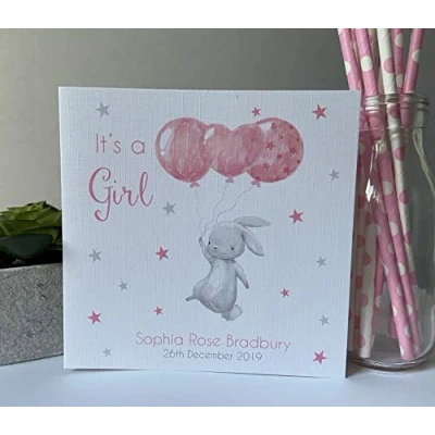 Image of Personalised Handmade Congratulations on New Baby Girl Card Bunny Rabbit
