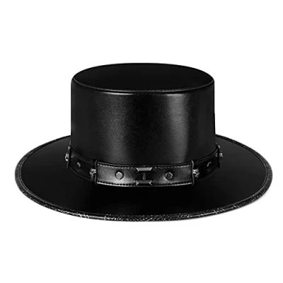 Image of Beiyasi Steampunk Plague Doctor Hat PU Leather Black Flat Top for Halloween Cosplay