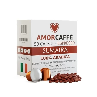 Image of Amorcaffe 50 Aluminium Capsules Compatible with Nespresso Pods Sumatra Dark Roast Espresso Lungo, Earthy &amp; Herbal Notes