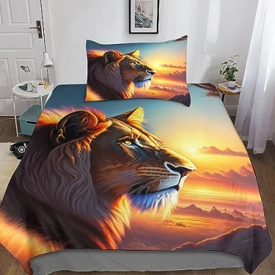 Image of Lion King 3D Print Duvet Cover Set Bedding Animal Quilt Microfiber with Zipper Closure Comforter Pillow3 Pcs for Kids Teens Adults Single（135x200cm）
