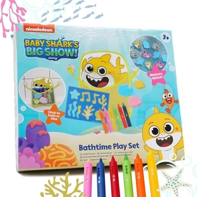 Image of Toyland® Baby Shark Bathtime Playset Featuring Memory Match Game &amp; Crayon Stencil Set Bath Toys Suitable ages 3+