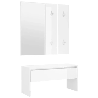 Image of vidaXL High Gloss White Hallway Furniture Set, Engineered Wood Bench with Drawer, Mirror, and Coat Rack Panels for Modern Home Décor
