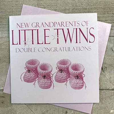 Image of White Cotton Cards Grandparents Baby Card, Twins, Double Congratulations, Pink booties Handmade N225 G,White / Cream,16cm x 16cm