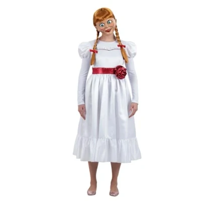 Image of Smiffys Annabelle Costume for Adults, Haunting White Dress with Flower Belt, Officially Licensed Doll Costume, Zip Up Back, Perfect Halloween, Fancy Parties, and Events