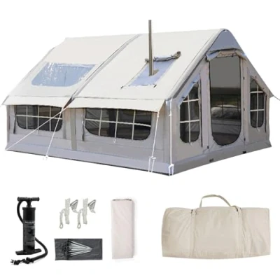 Image of Miuxe Inflatable Tents for Camping with Pump 4 8 Person Tent Stove Jack, Season Waterproof Windproof Large Air Tent, Outdoor Family Glamping Mesh Windows &amp; Doors