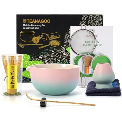 Image of TEANAGOO Japanese Tea Set (7pcs) Matcha Whisk Bowl with Pouring Spout Bamboo (Chasen) Scoop (chashaku) Holder. N11, Green Grident Pink