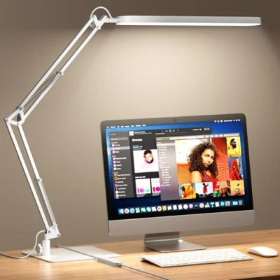 Image of SKYLEO LED Desk Lamp with Slim Base Adjustable Swing Arm Light, Dimmable, Timer, Eye Protection, Memory Function, 1300LM, 12W, White